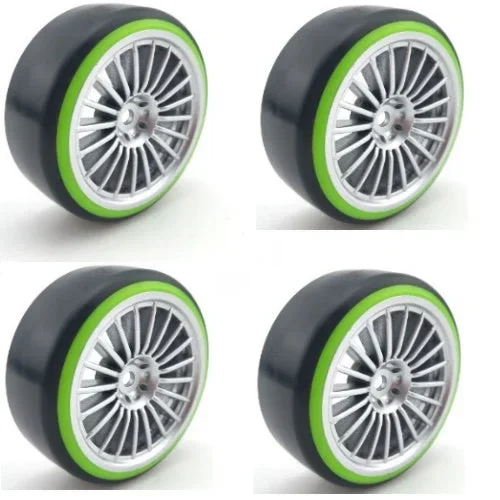 Powerhobby 1/10 Drift Car Slick Mounted Tires / Wheels (4) Green / Silver PY193