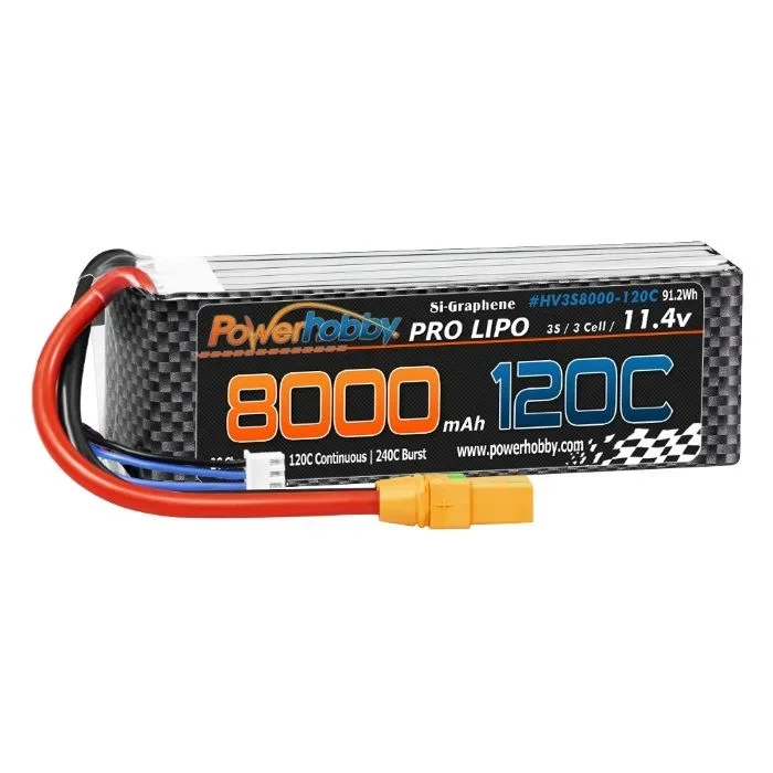 Powerhobby 3S 11.4V 8000MAH 120C Graphene + HV LIPO Battery w/ XT90 Plug