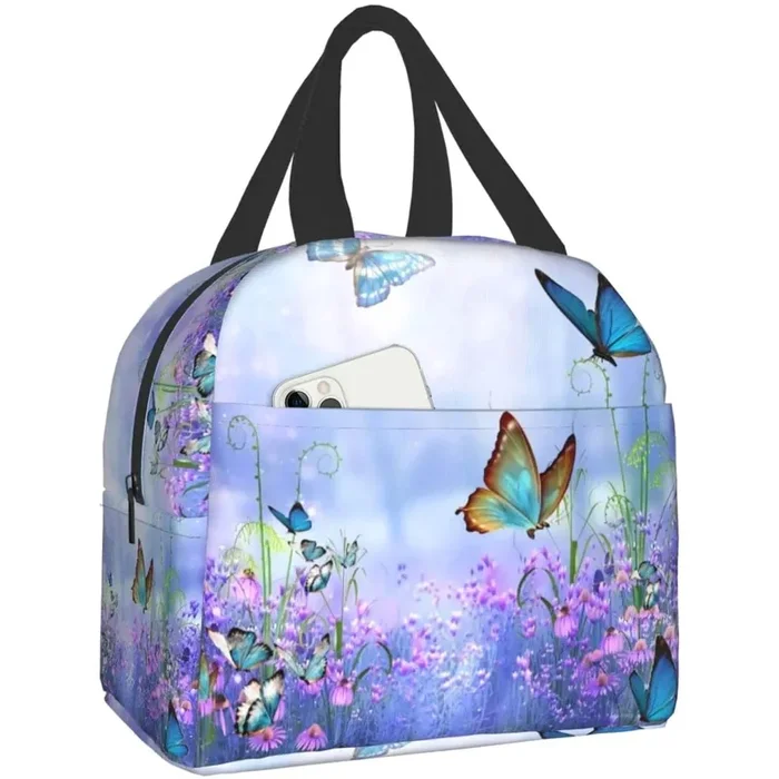 Purple Butterfly Flowers Insulated Lunch Bag