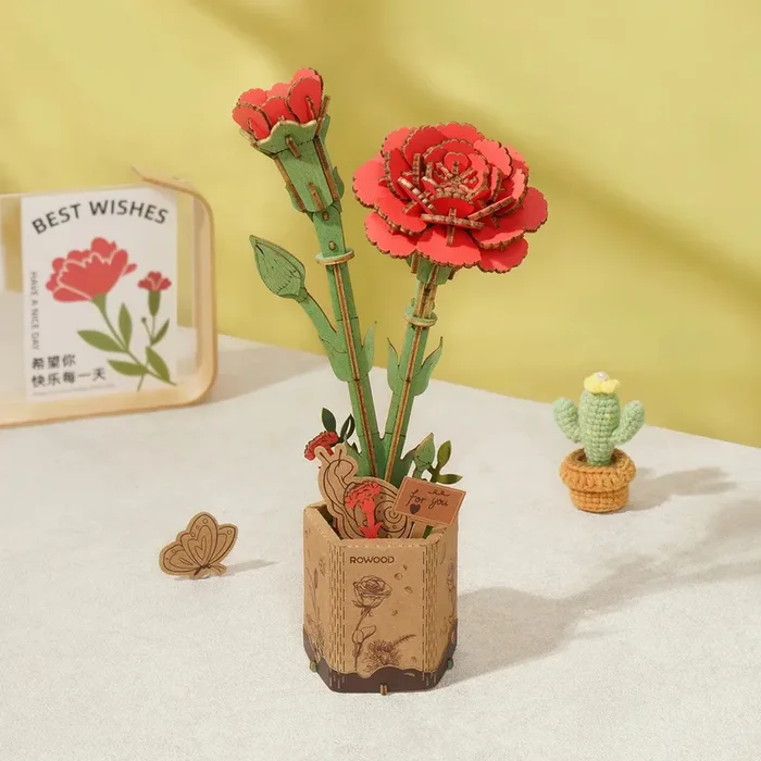 Red Carnation Diy Wooden Flower 3D Puzzles