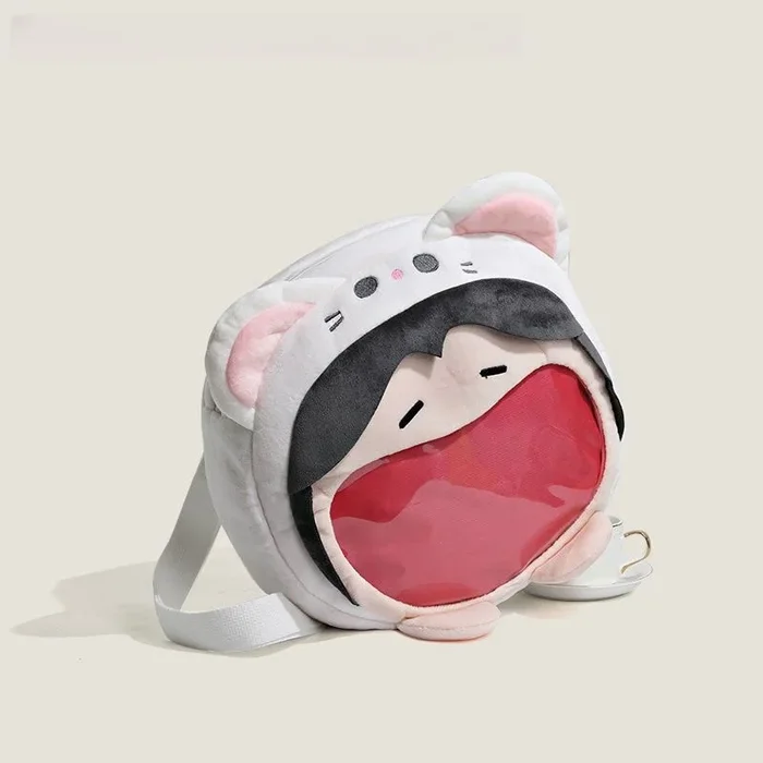 사랑스러운 고양이 까마귀 플러시 가방 – 투명한 구강 주머니가있는 재미있는 오리지널 디자인