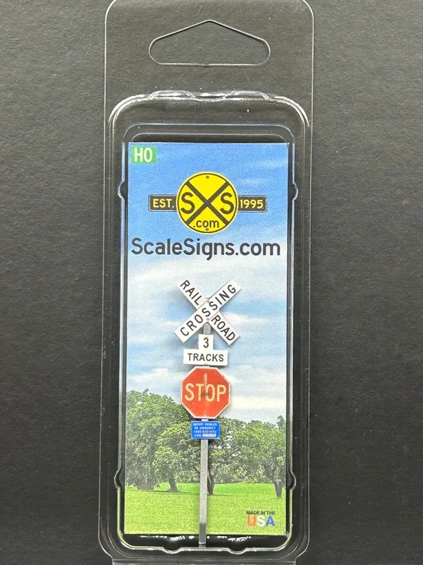 ScaleSigns HO-2409-v3 HO Scale Crossbucks + Stop Sign +3 Tracks + ID Sign