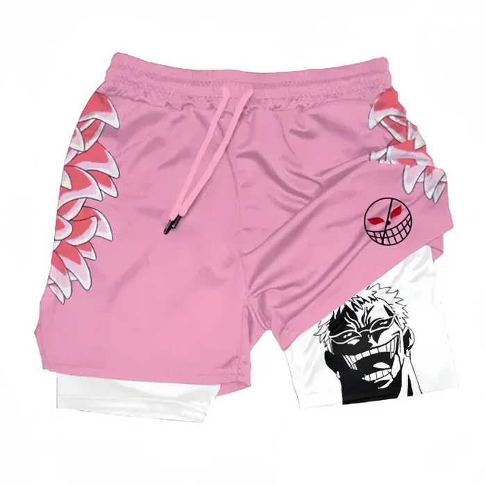 Short de sport avec doublure inspiré d’une pièce – Motif plumes de flamant rose Donquixote Doflamingo