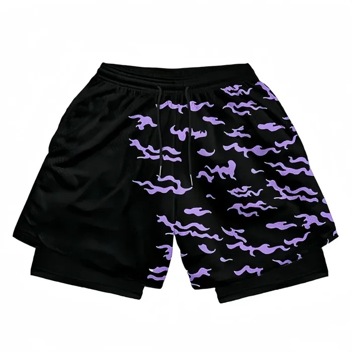 Shorts de ginástica inspirados em naruto com revestimento-design de chama preta Amaterasu