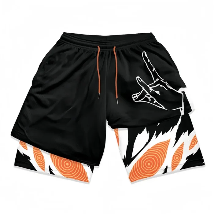 Shorts de ginástica inspirados no homem com revestimento-Devil Hunter Hand e Design Spiral Fiery