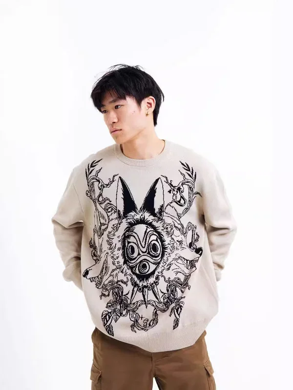 Sudadera beige inspirada en la princesa Mononoke – Masilla del espíritu de lobo y diseño de garra roja