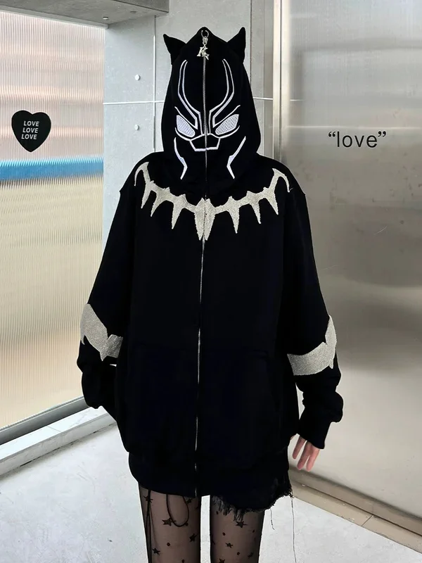 Sudadera con capucha inspirada en la pantera negra: sudadera con cremallera de superhéroe de gran tamaño de 400GSM con diseño de orejas
