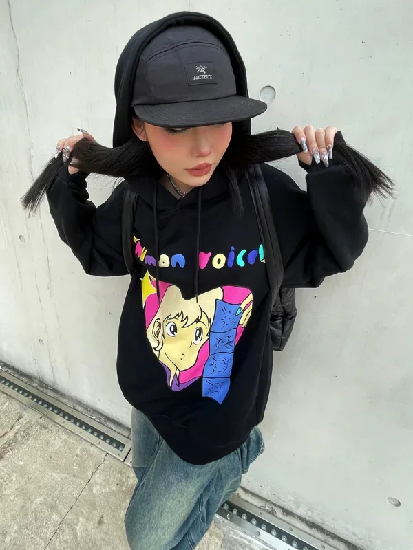 Sweat à capuche rétro Anime – Pull graphique Human Voices avec design à épaules tombantes