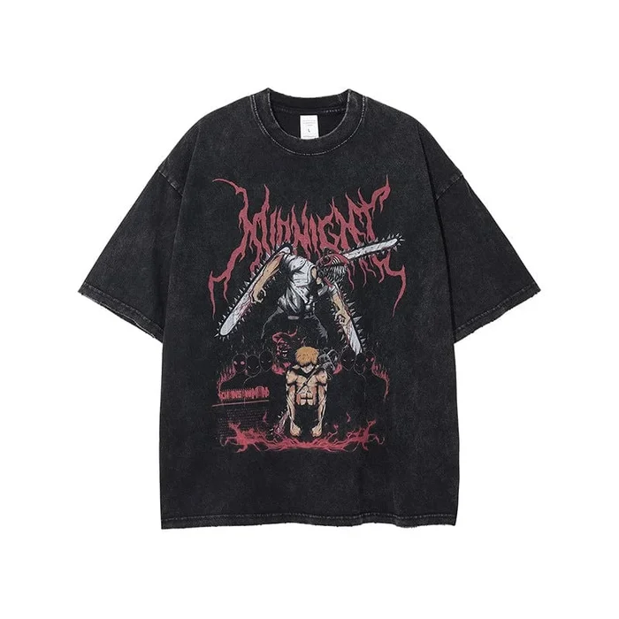 T-shirt vintage Chainsaw Man – Tee-shirt graphique Anime en détresse mettant en vedette Denji et Chainsaw Devil