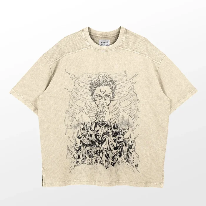 T-shirt vintage délavé Jujutsu Kaisen Sukuna – 260 g/m² en coton de qualité supérieure Anime Streetwear