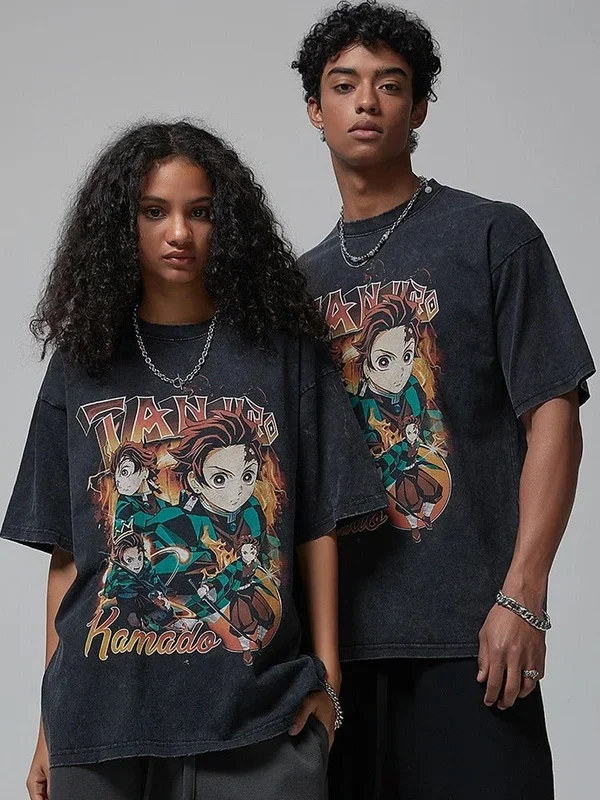 T -shirt vintage Slayer – tee gráfico de anime angustiado com Tanjiro