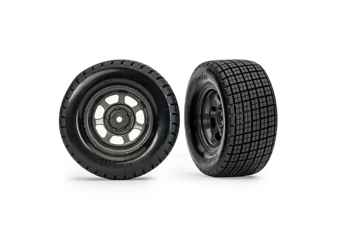 Traxxas 10474X Oval Graphite Gray Wheels with Dual Stage Foams and Hoosier Tires Pre-Glued 4WD Front/Rear, 2WD Rear