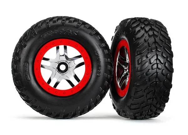 Traxxas 5977 Tires on Red and Chrome Beadlock SCT Wheels for Slayer Pro 1 Pair