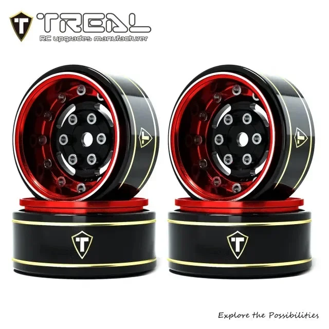 TREAL 1.0 Beadlock Wheels Deep Dish Rims (4P) for SCX24 AX24 FCX24 TRX4M 1/24 1/18 Crawler Car-Type F – BLACK & RED