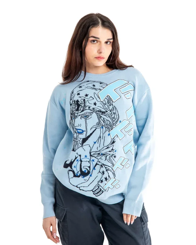 Tusk inspirierter Anime -Strickpullover | Jojos bizarre Abenteuer Streetwear reiner Baumwollpullover in Sky Blue