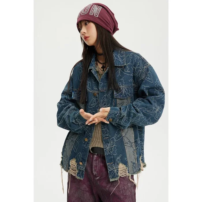 Veste Chambray en denim floral en détresse en vente – Style vintage à manches longues pour hommes et femmes