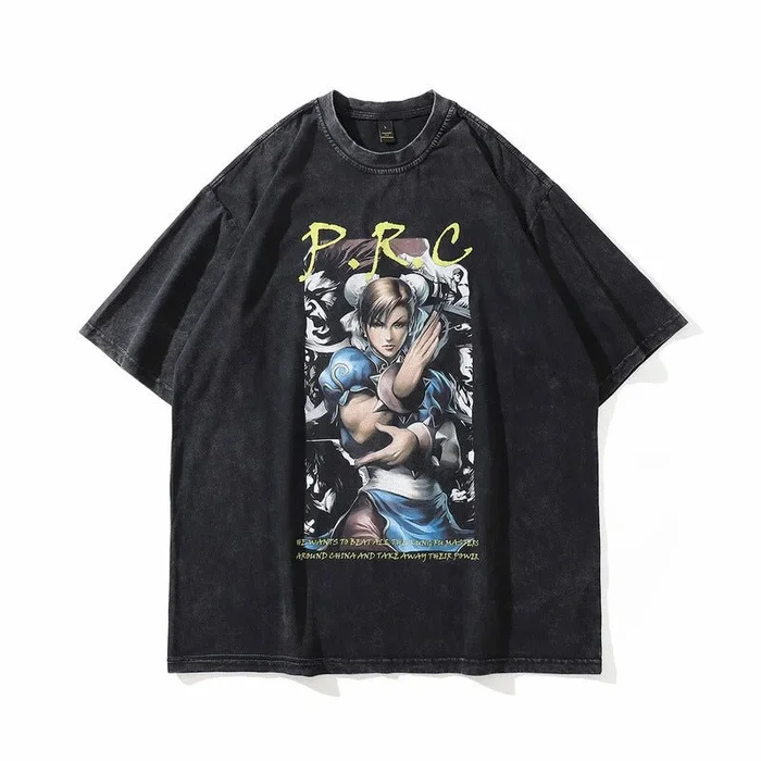 Vintage Street Fighter T-Shirt – Distressed Anime Grafik T-Shirt mit Chun-Li