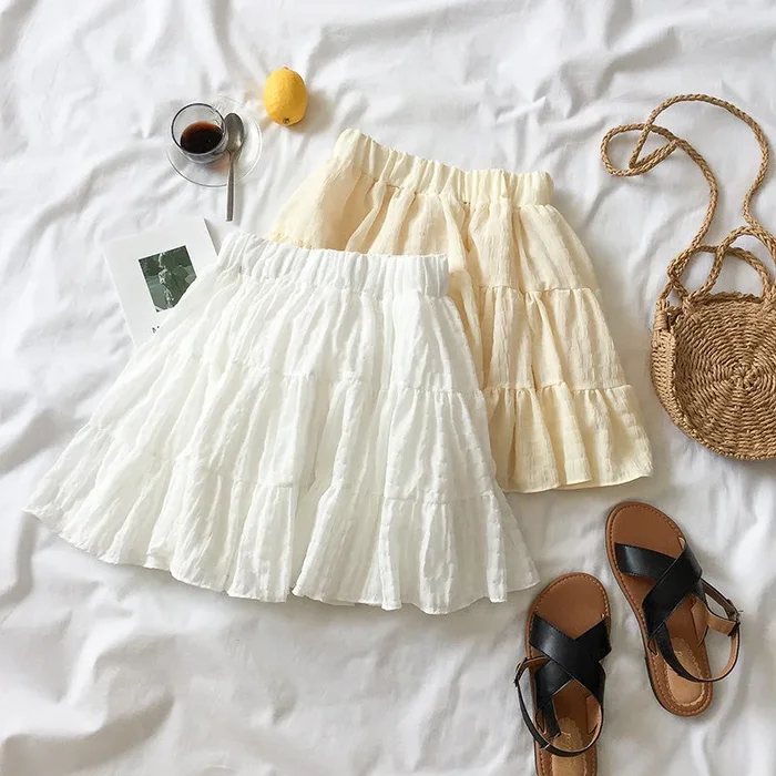 White Beige Ruffles Elastic High Waist Mini Skirt