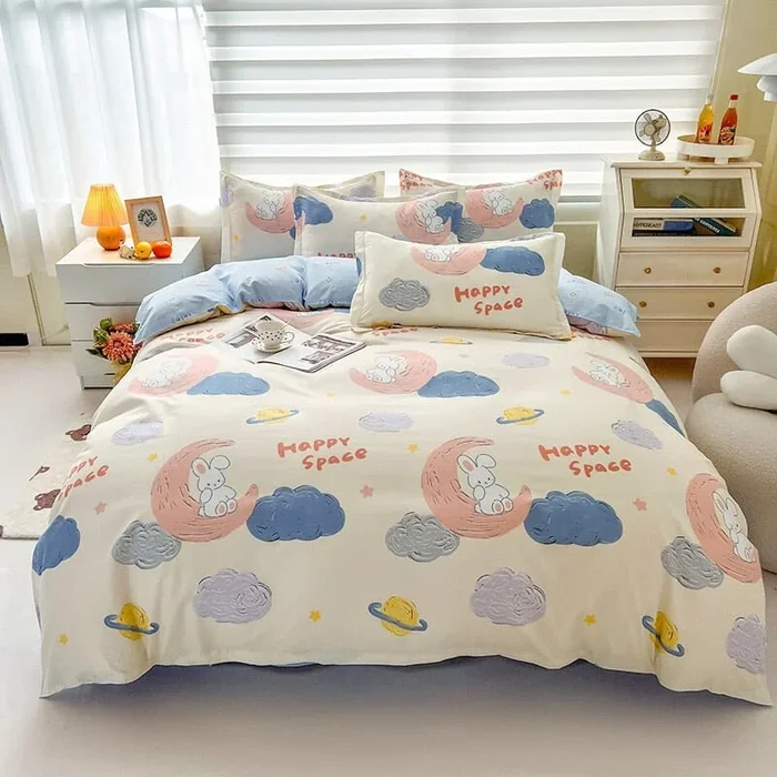White Bunny Space Moon Bedding Set