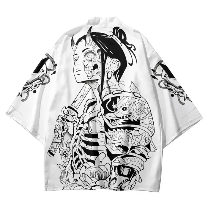 White Japanese-themed Skeleton Samurai Print Unisex Kimono